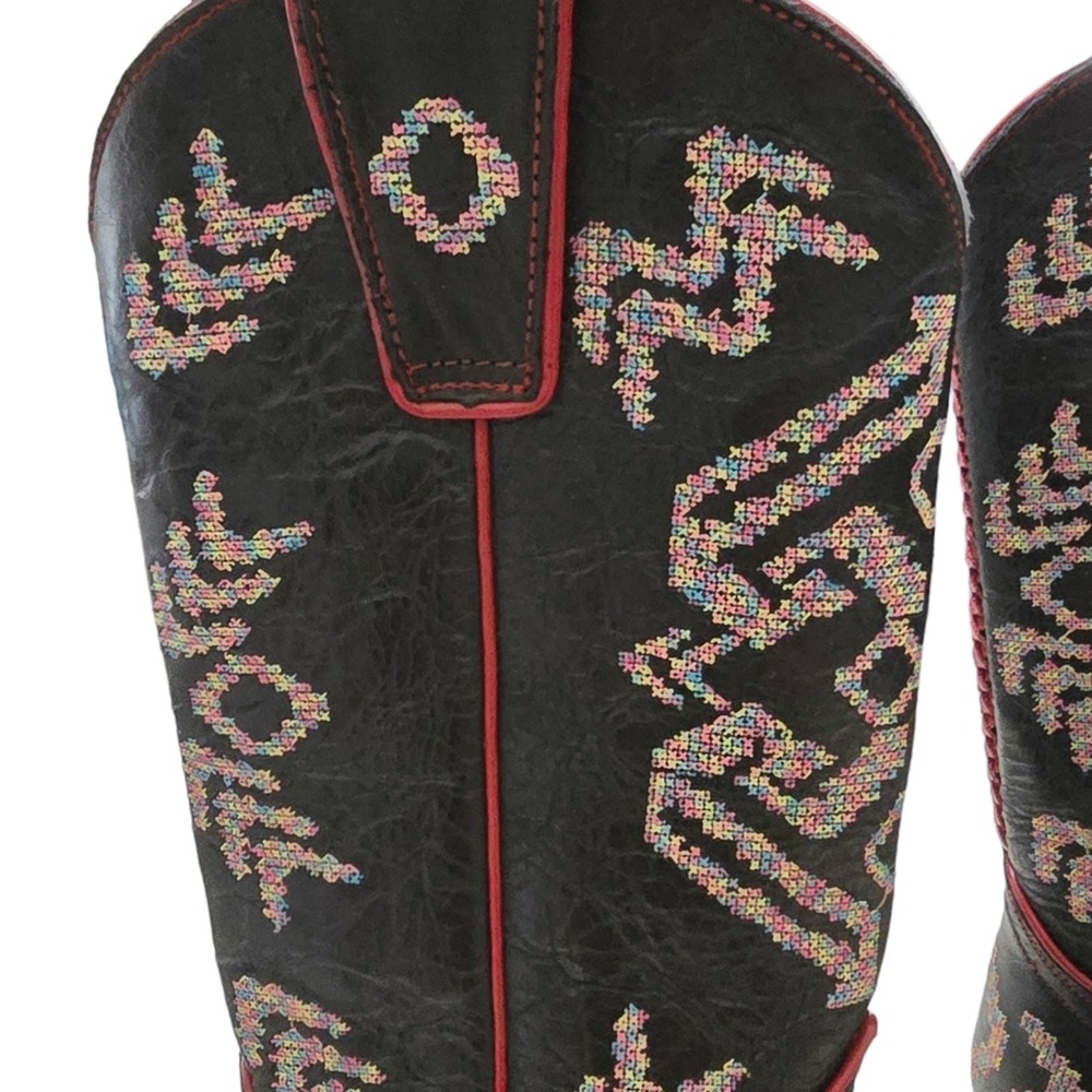 Black Star Black Leather Western Boots Red Trim Embroidered Design - Picture 7 of 11